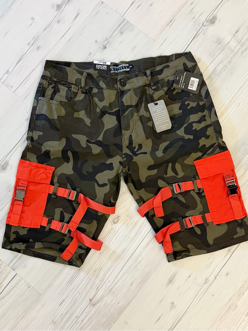 Men's Camo Cargo Shorts with Red Strap Accents
